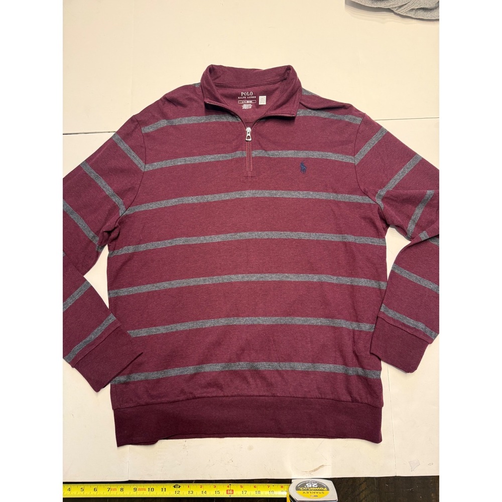 Polo Ralph Lauren Mens Large Burgundy Grey Striped Quarter Zip Pullover Sweater